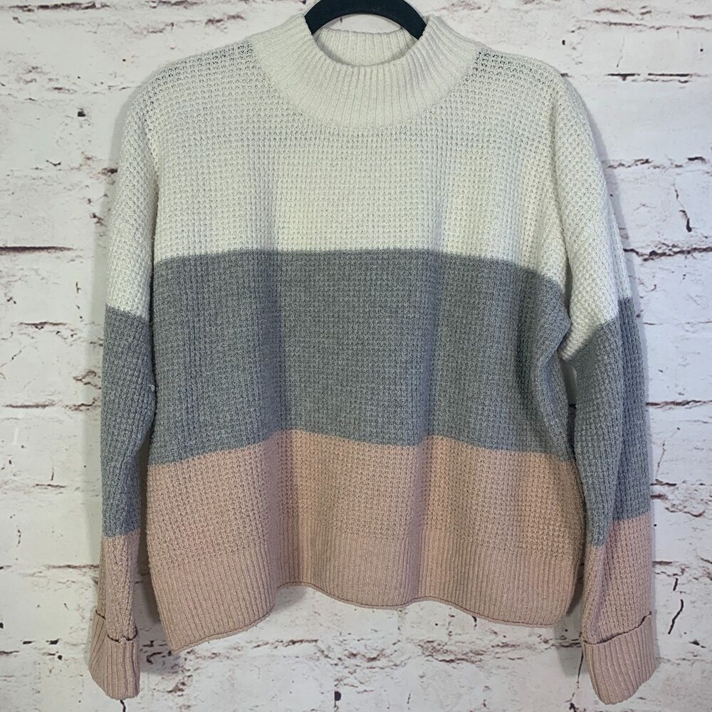 Olive & Oak Sweater Large Colorblock Cream Gray Pink Knit Pullover Classic Cozy